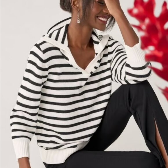CAbi Deckhand Stripe Cowl Pullover Sweater White Black Size Large - Picture 1 of 6